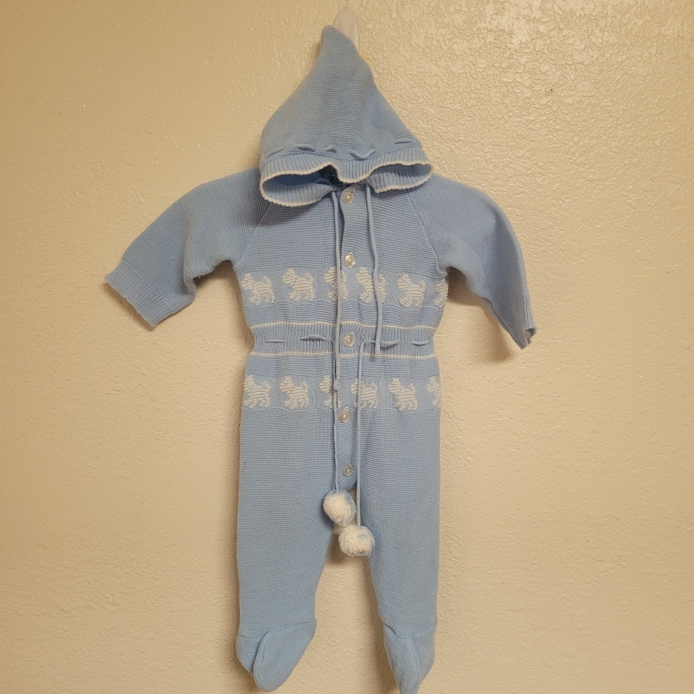Blue Bird Light Blue Hooded Knit Footed One-Piece Vintage